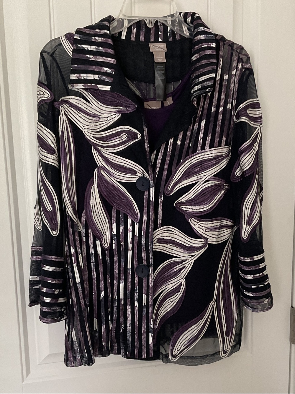 Chico's Purple Black & White Floral Mesh Button Shirt Jacket